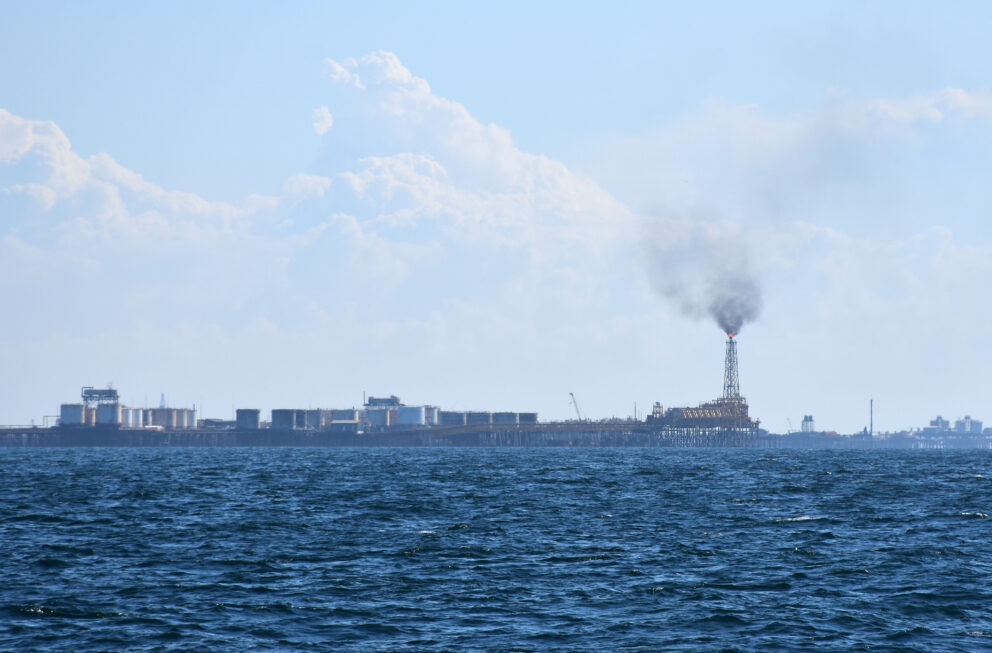 Approaching Neft Daslari by sea